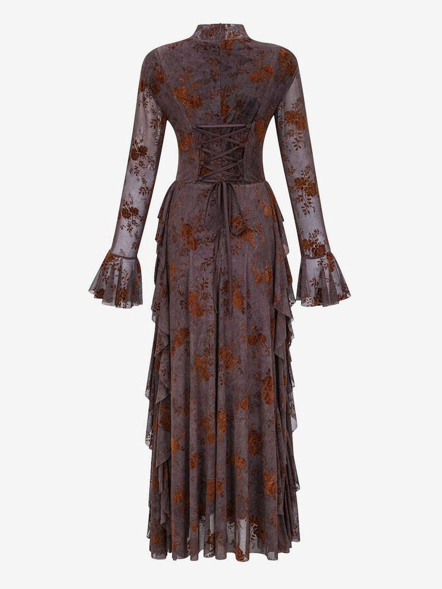 Party Dress Maxi Stand Collar Long Sleeves Floral Print Long Flared Sleeves Deep Brown Gown