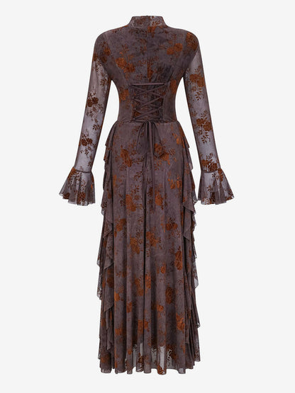 Party Dress Maxi Stand Collar Long Sleeves Floral Print Long Flared Sleeves Deep Brown Gown