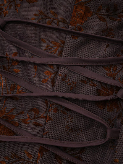 Party Dress Maxi Stand Collar Long Sleeves Floral Print Long Flared Sleeves Deep Brown Gown