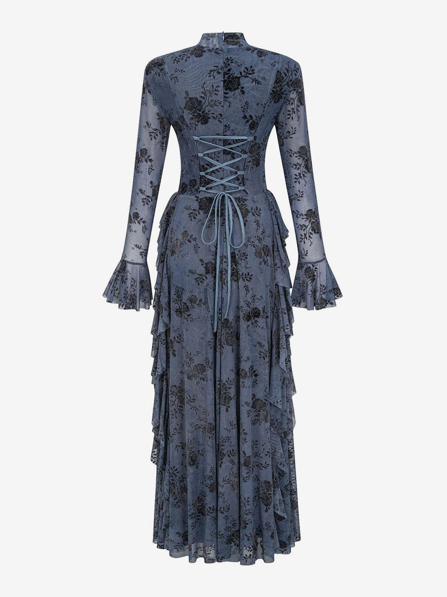 Party Dress Maxi Stand Collar Long Sleeves Floral Print Long Flared Sleeves Deep Brown Gown