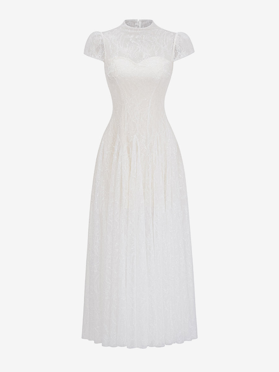Party Dress Maxi White Stand Collar Short Sleeves Flared Sleeves Retro Semi Formal Dress
