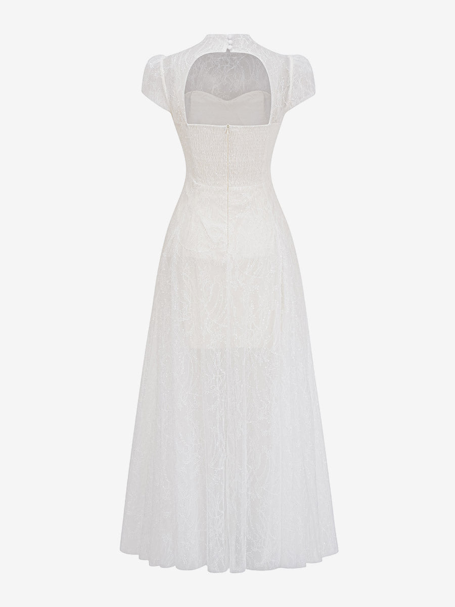 Party Dress Maxi White Stand Collar Short Sleeves Flared Sleeves Retro Semi Formal Dress
