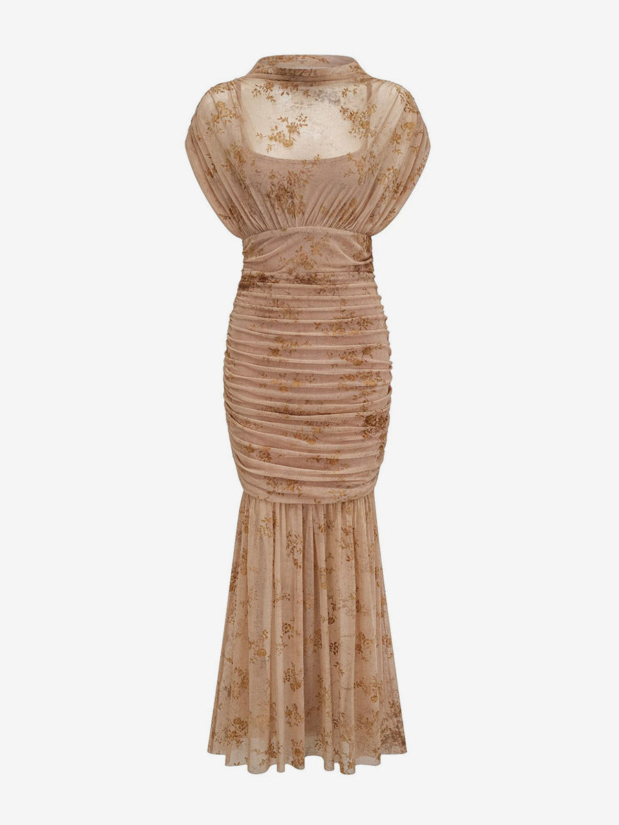 Party Dress Maxi Light Apricot Stand Collar Pleated Short Sleeves Printed Dress