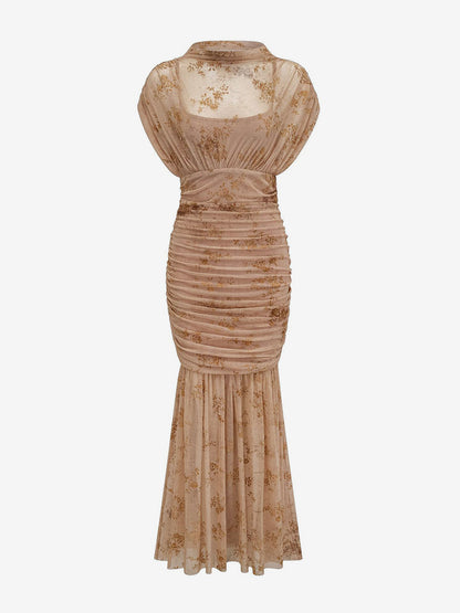 Party Dress Maxi Light Apricot Stand Collar Pleated Short Sleeves Printed Dress