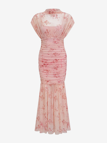Party Dress Maxi Light Apricot Stand Collar Pleated Short Sleeves Printed Dress