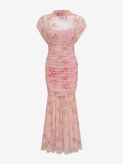 Party Dress Maxi Light Apricot Stand Collar Pleated Short Sleeves Printed Dress