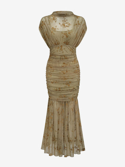 Party Dress Maxi Light Apricot Stand Collar Pleated Short Sleeves Printed Dress