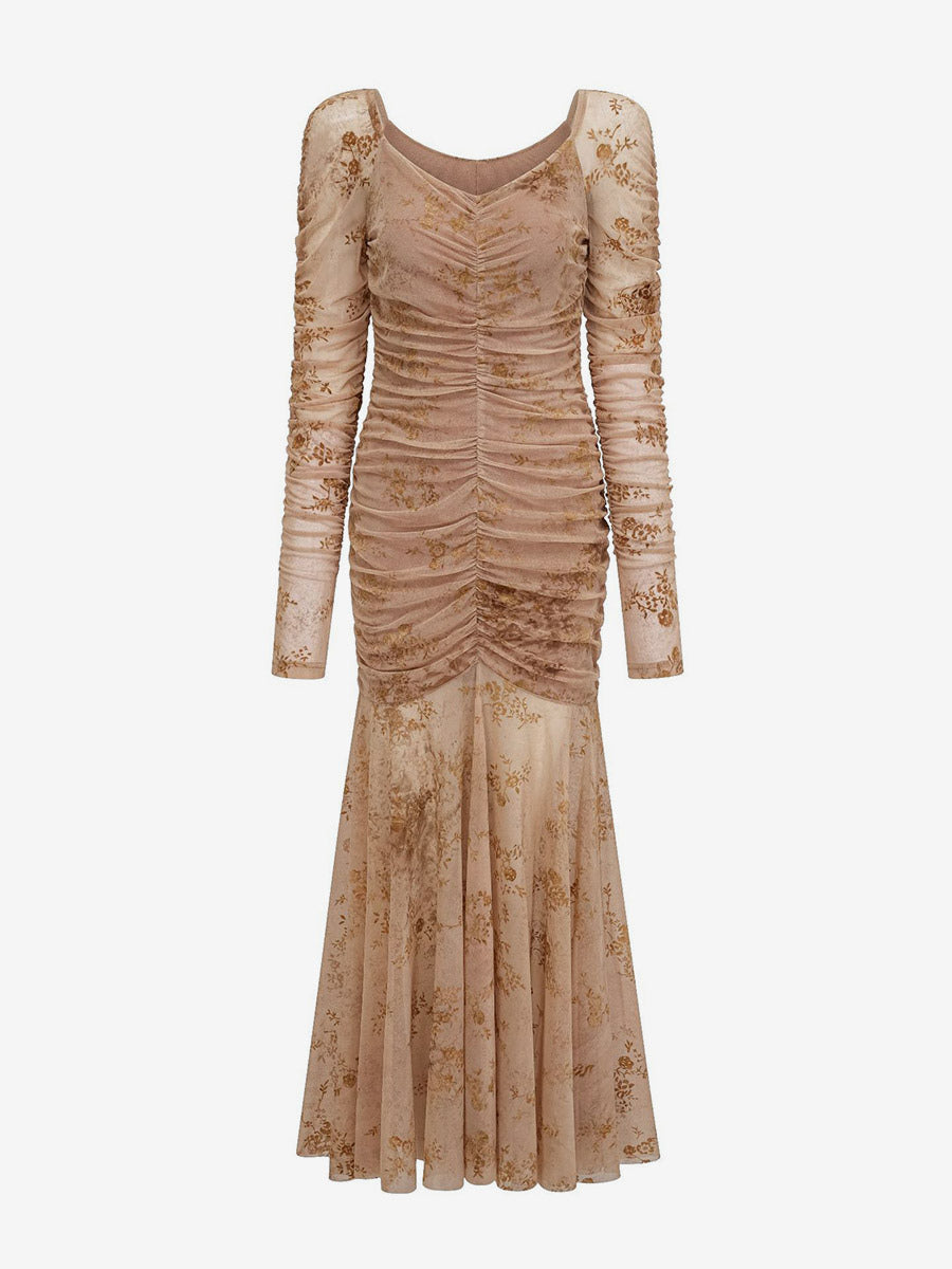 Party Dress Maxi Light Apricot Stand Collar Pleated Long Sleeves Printed Casual Dress