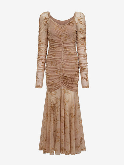 Party Dress Maxi Light Apricot Stand Collar Pleated Long Sleeves Printed Casual Dress