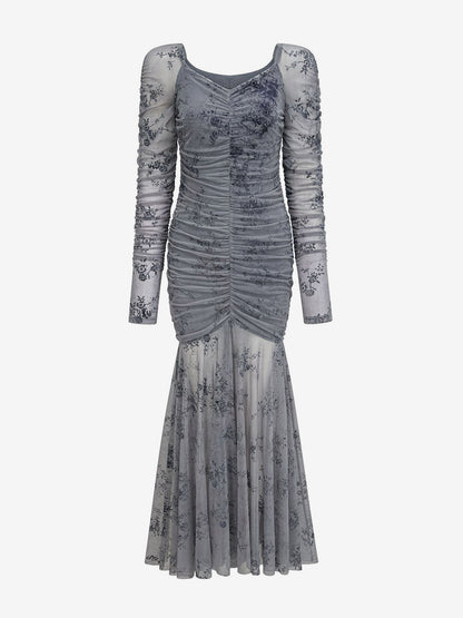 Party Dress Maxi Light Apricot Stand Collar Pleated Long Sleeves Printed Casual Dress