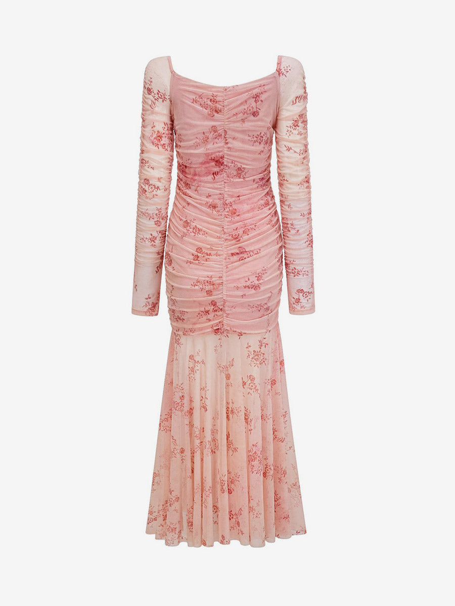 Party Dress Maxi Light Apricot Stand Collar Pleated Long Sleeves Printed Casual Dress