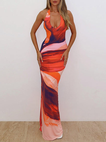 Vacation Dresses Maxi Backless Sleeveless Lace-up U-Neck Chic Orange Dress