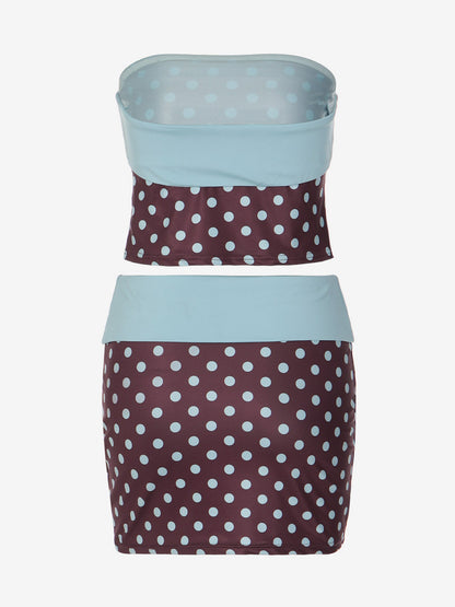 Two Piece Sets Blue Polka Dot Daily Casual Polyester Casual Strapless Sleeveless Skirt Set