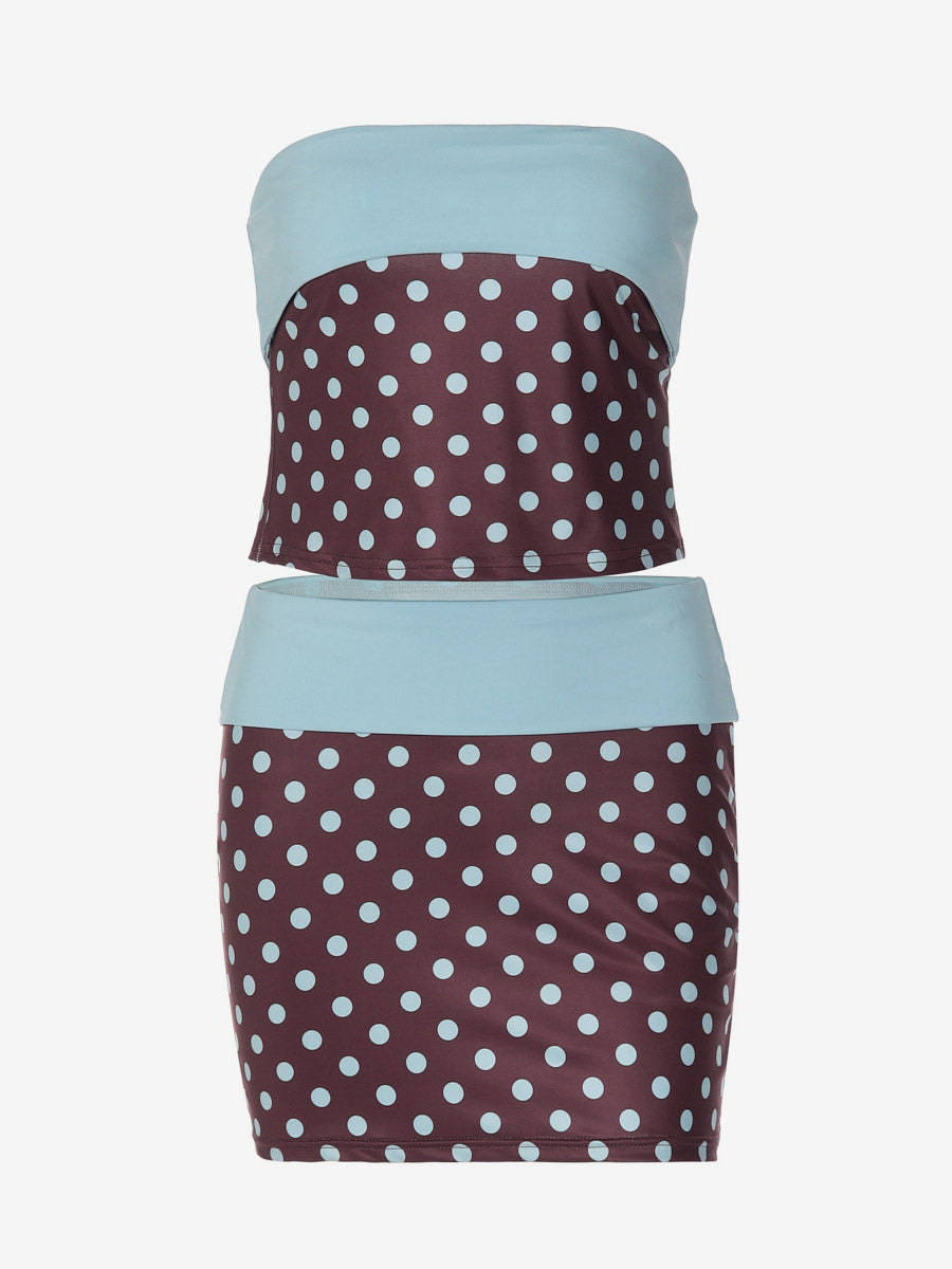 Two Piece Sets Blue Polka Dot Daily Casual Polyester Casual Strapless Sleeveless Skirt Set