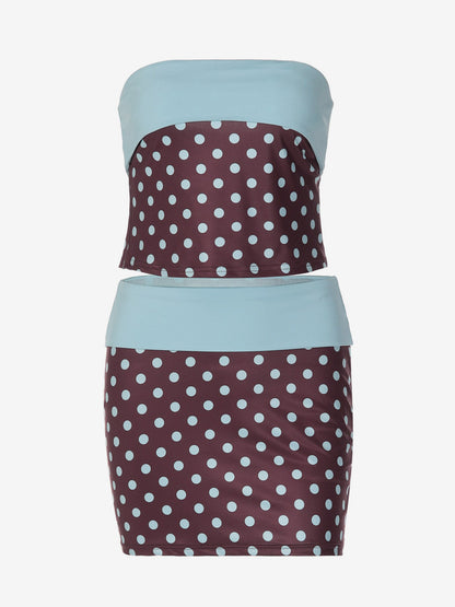 Two Piece Sets Blue Polka Dot Daily Casual Polyester Casual Strapless Sleeveless Skirt Set