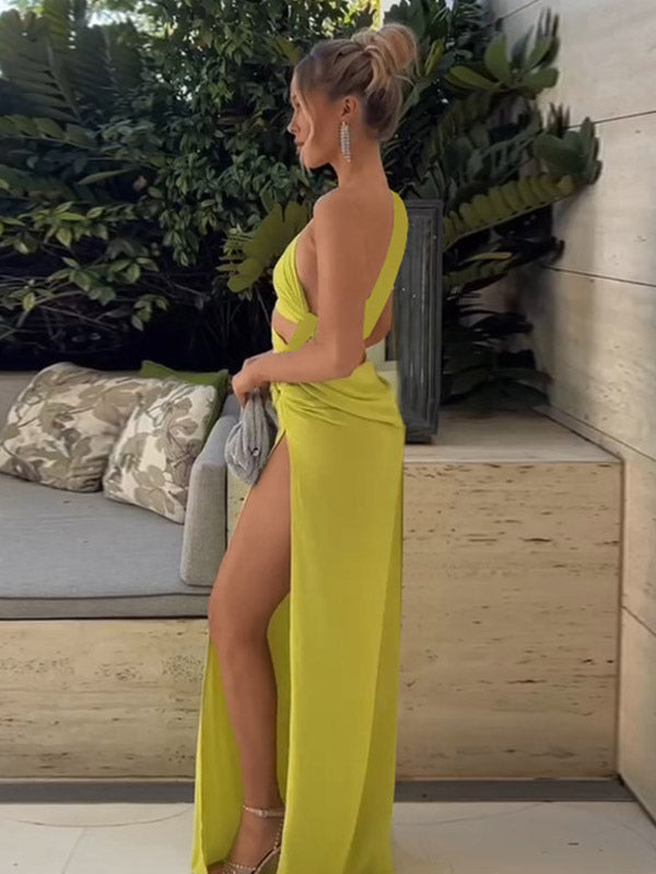 Night Out Dresses Green Polyester Sleeveless One-Shoulder Backless Summer Dress