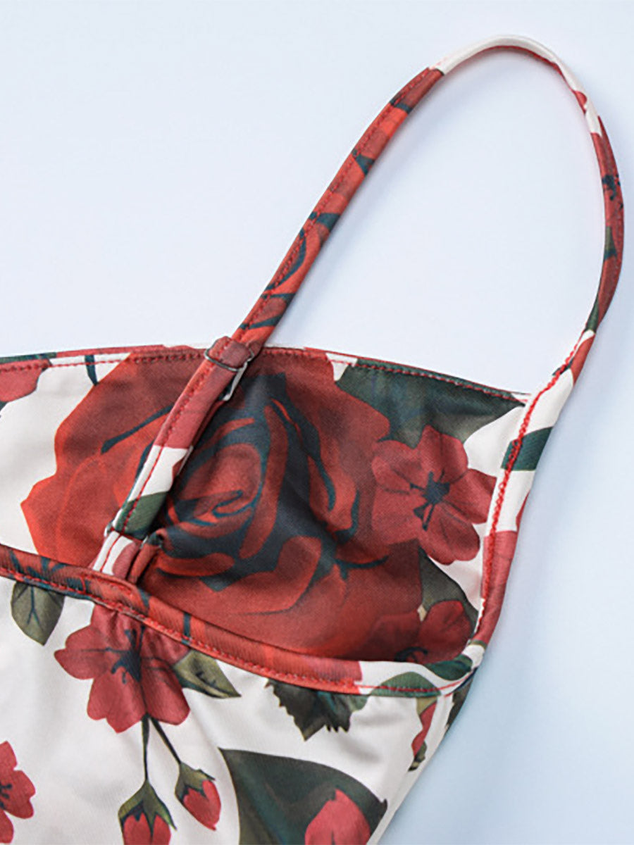Two Piece Sets Red Casual Floral Print Street Wear Polyester Straps Neck Sleeveless Skirt Set