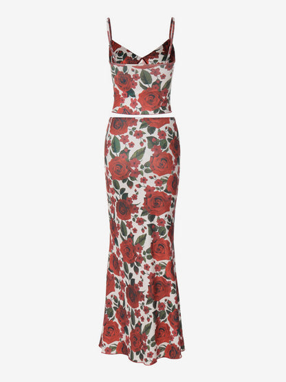 Two Piece Sets Red Casual Floral Print Street Wear Polyester Straps Neck Sleeveless Skirt Set