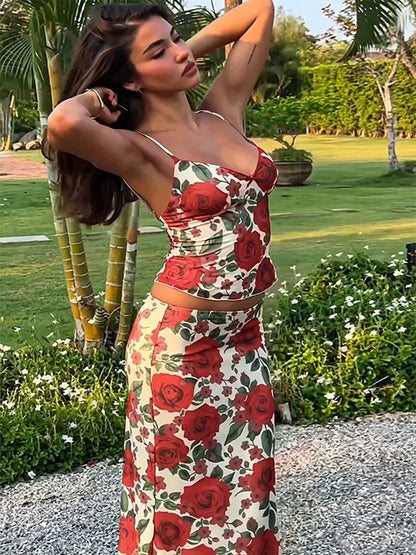 Two Piece Sets Red Casual Floral Print Street Wear Polyester Straps Neck Sleeveless Skirt Set