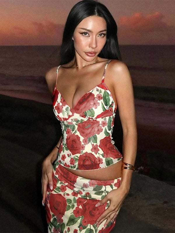 Two Piece Sets Red Casual Floral Print Street Wear Polyester Straps Neck Sleeveless Skirt Set