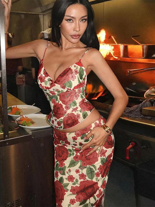 Two Piece Sets Red Casual Floral Print Street Wear Polyester Straps Neck Sleeveless Skirt Set