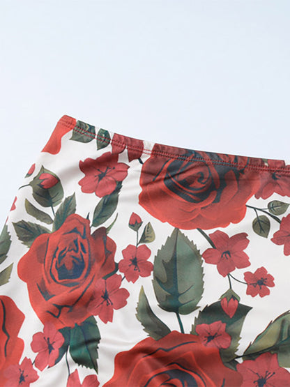 Two Piece Sets Red Casual Floral Print Street Wear Polyester Straps Neck Sleeveless Skirt Set