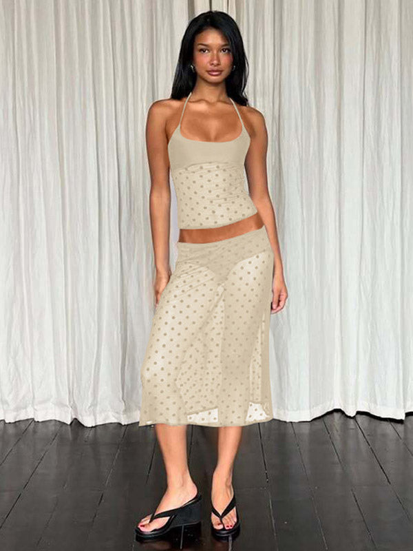 Two Piece Sets Black Polka Dot Sexy Straps Neck Sheer Sleeveless Skirt Set