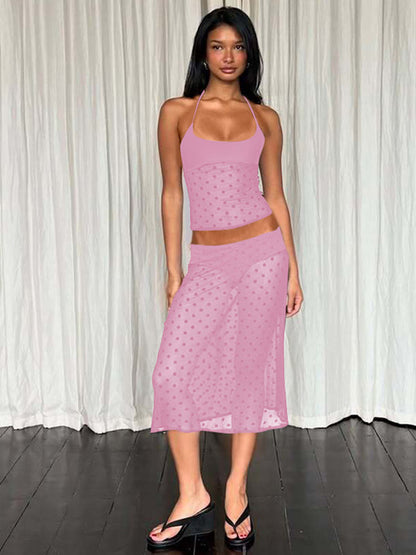 Two Piece Sets Black Polka Dot Sexy Straps Neck Sheer Sleeveless Skirt Set