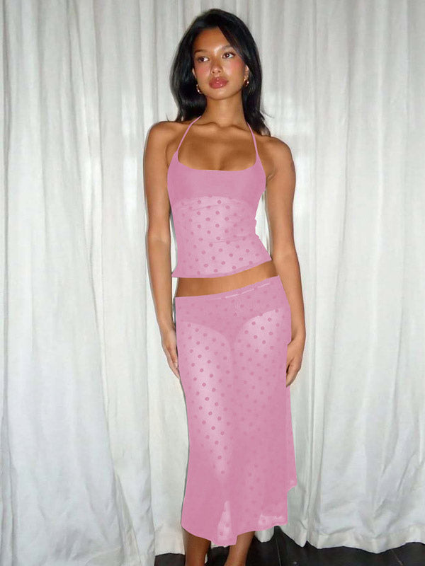 Two Piece Sets Black Polka Dot Sexy Straps Neck Sheer Sleeveless Skirt Set