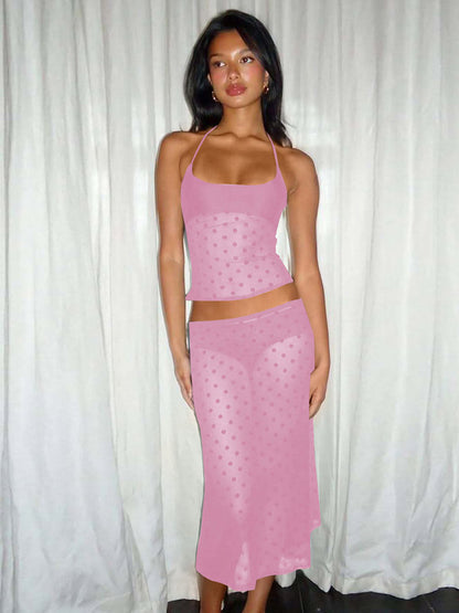 Two Piece Sets Black Polka Dot Sexy Straps Neck Sheer Sleeveless Skirt Set