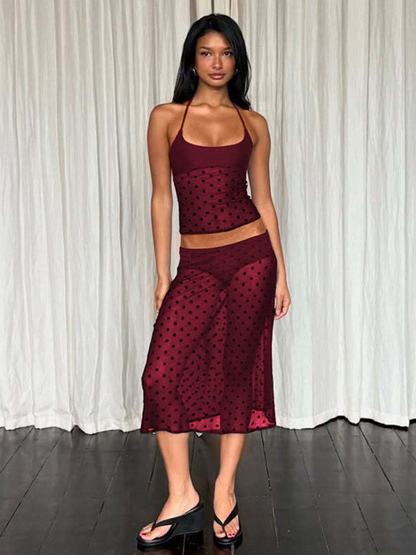 Two Piece Sets Black Polka Dot Sexy Straps Neck Sheer Sleeveless Skirt Set