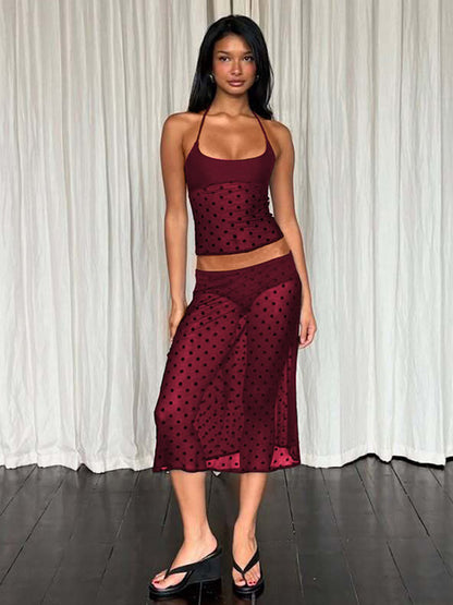 Two Piece Sets Black Polka Dot Sexy Straps Neck Sheer Sleeveless Skirt Set