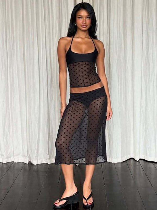 Two Piece Sets Black Polka Dot Sexy Straps Neck Sheer Sleeveless Skirt Set