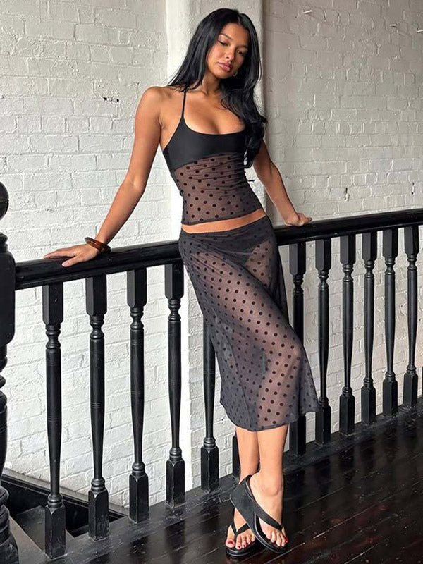 Two Piece Sets Black Polka Dot Sexy Straps Neck Sheer Sleeveless Skirt Set