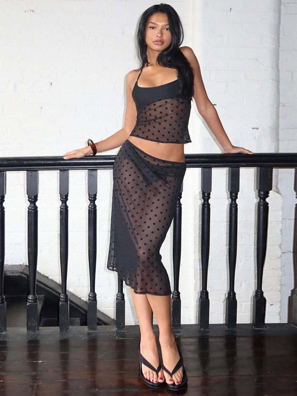 Two Piece Sets Black Polka Dot Sexy Straps Neck Sheer Sleeveless Skirt Set
