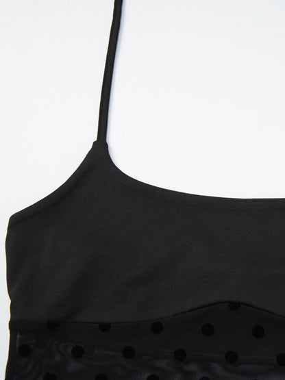 Two Piece Sets Black Polka Dot Sexy Straps Neck Sheer Sleeveless Skirt Set