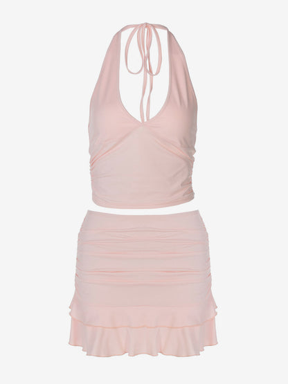 Two Piece Sets Pink Casual Ruffles Party Polyester Cowl Neck Sleeveless Skirt Set