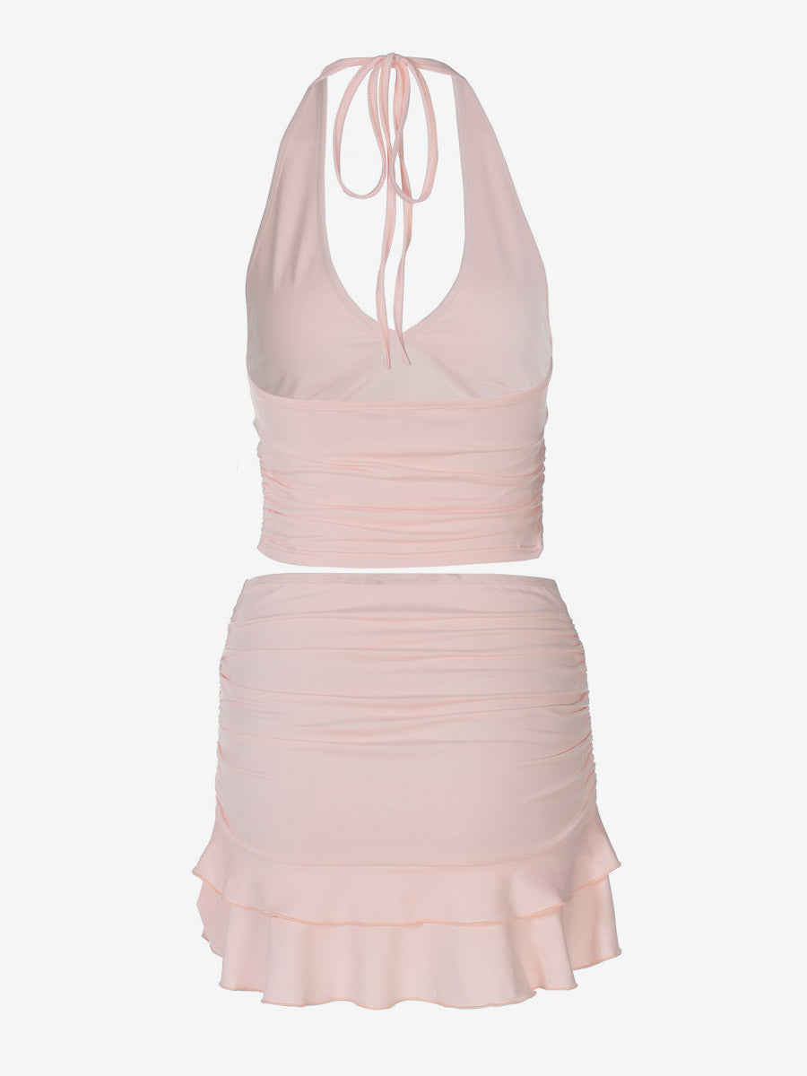 Two Piece Sets Pink Casual Ruffles Party Polyester Cowl Neck Sleeveless Skirt Set