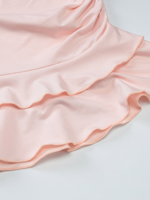 Two Piece Sets Pink Casual Ruffles Party Polyester Cowl Neck Sleeveless Skirt Set
