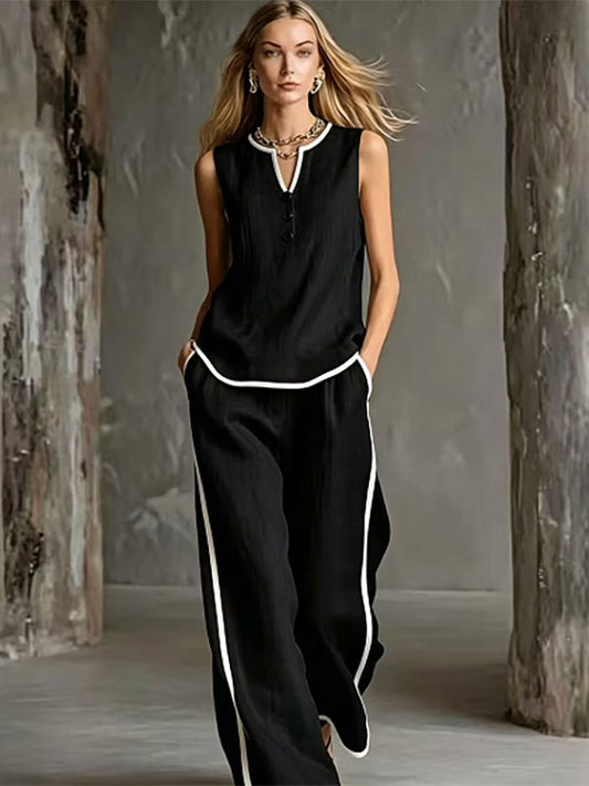 Two Piece Sets Black Chic Two-Tone Street Wear Buttons Polyester Jewel Neck Sleeveless Pant Set