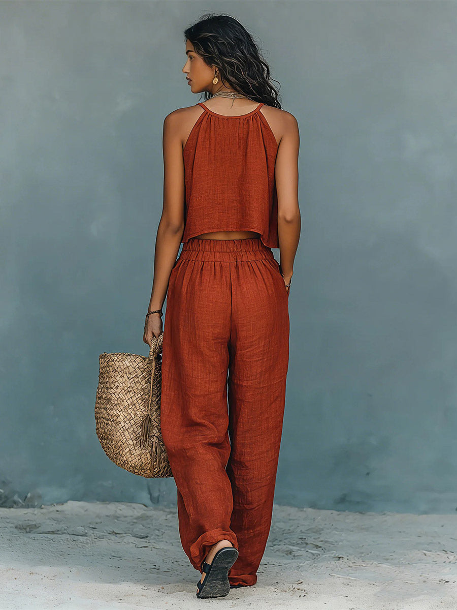Two Piece Sets Burgundy Chic Daily Casual Cut Out Cowl Neck Sleeveless Pant Set