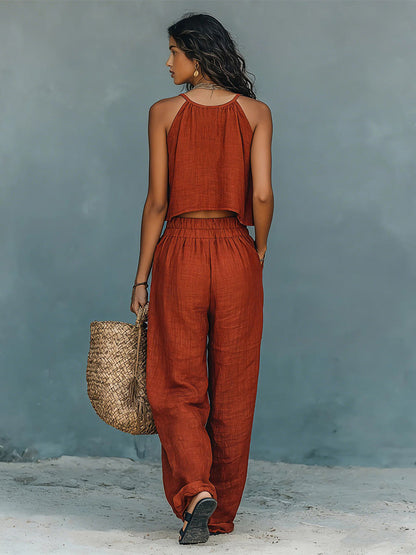 Two Piece Sets Burgundy Chic Daily Casual Cut Out Cowl Neck Sleeveless Pant Set