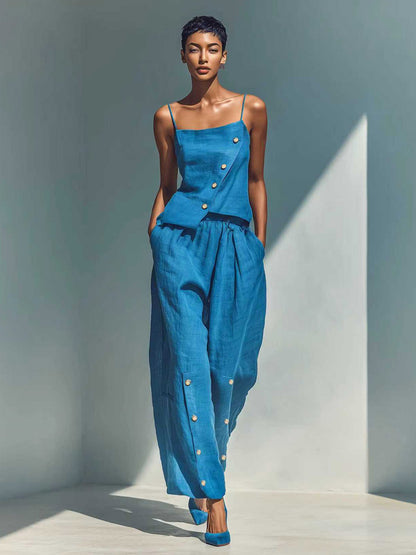 Two Piece Sets Sky Blue Street Wear Linen Buttons Asymmetrical Straps Neck Sleeveless Casual Pant Set