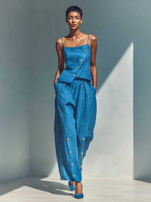 Two Piece Sets Sky Blue Street Wear Linen Buttons Asymmetrical Straps Neck Sleeveless Casual Pant Set