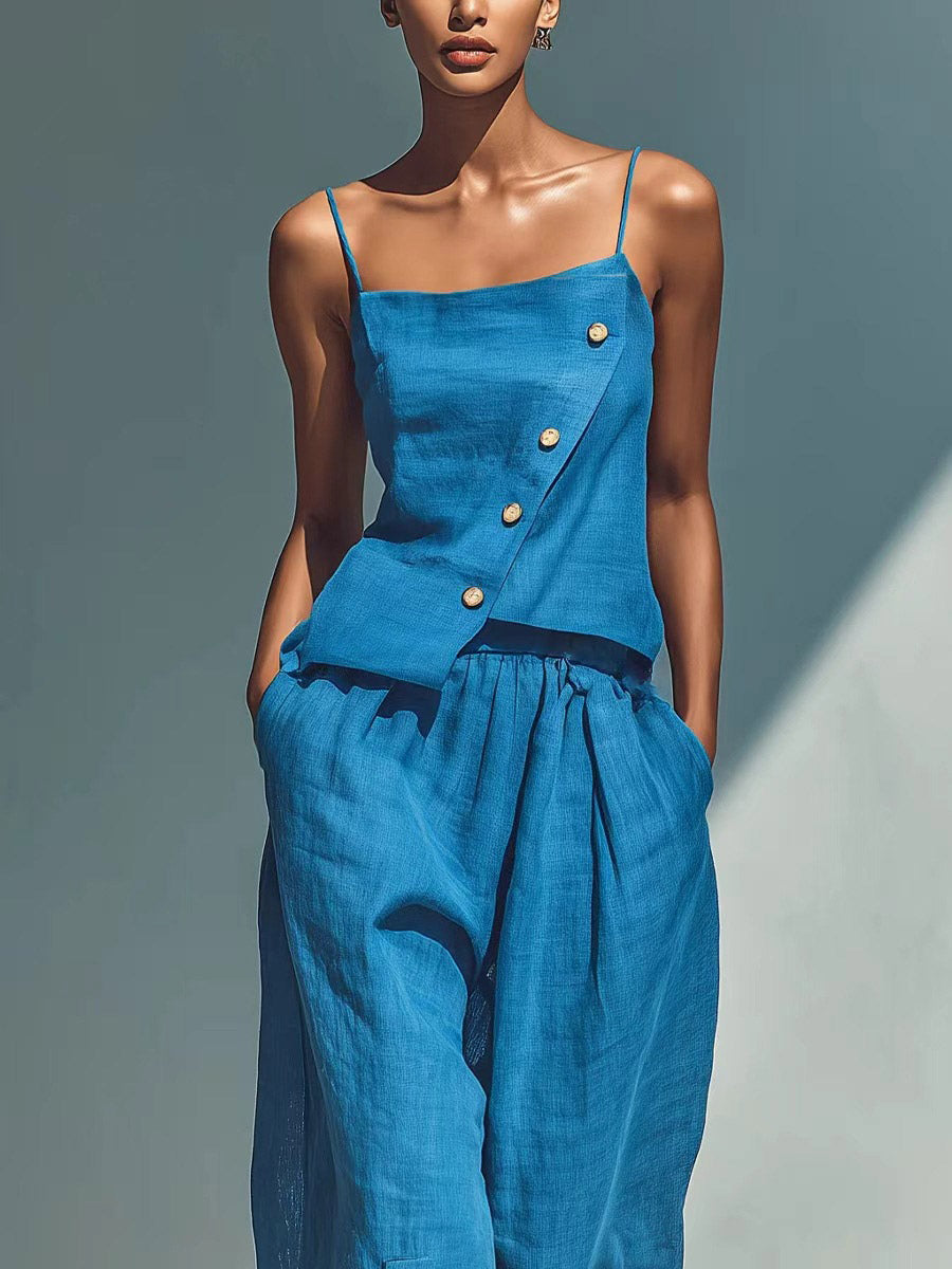 Two Piece Sets Sky Blue Street Wear Linen Buttons Asymmetrical Straps Neck Sleeveless Casual Pant Set