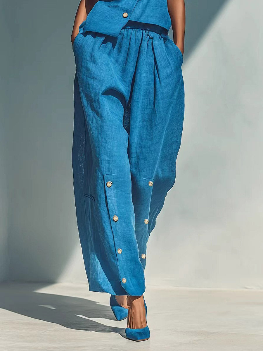 Two Piece Sets Sky Blue Street Wear Linen Buttons Asymmetrical Straps Neck Sleeveless Casual Pant Set