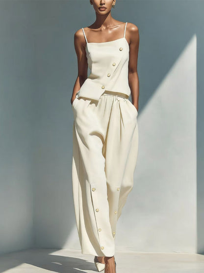 Two Piece Sets Sky Blue Street Wear Linen Buttons Asymmetrical Straps Neck Sleeveless Casual Pant Set