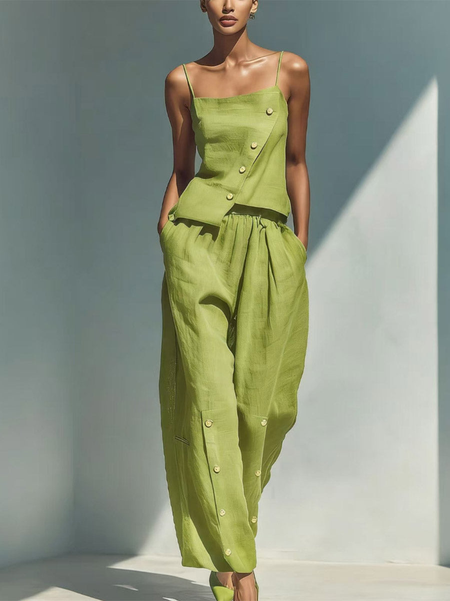 Two Piece Sets Sky Blue Street Wear Linen Buttons Asymmetrical Straps Neck Sleeveless Casual Pant Set