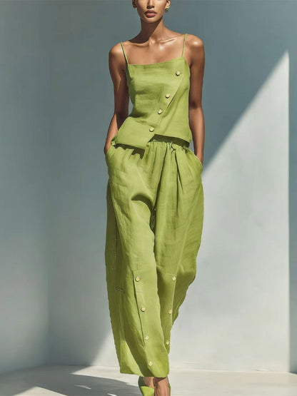 Two Piece Sets Sky Blue Street Wear Linen Buttons Asymmetrical Straps Neck Sleeveless Casual Pant Set