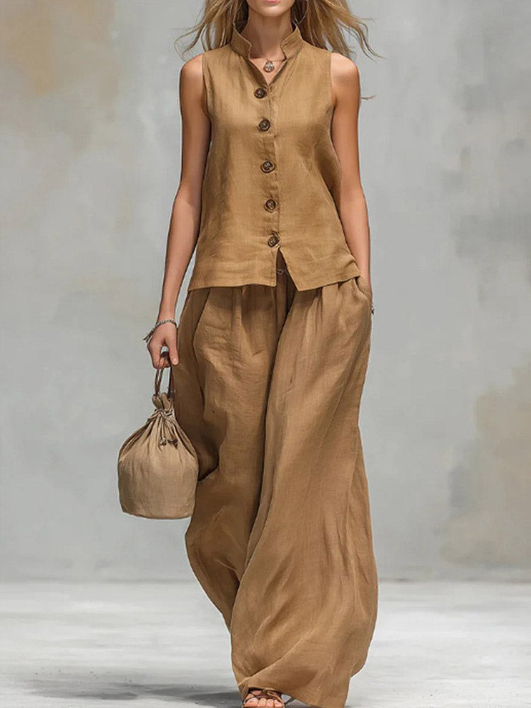 Two Piece Sets Brown Chic Daily Casual Cotton Linen Stand Collar Sleeveless Pant Set